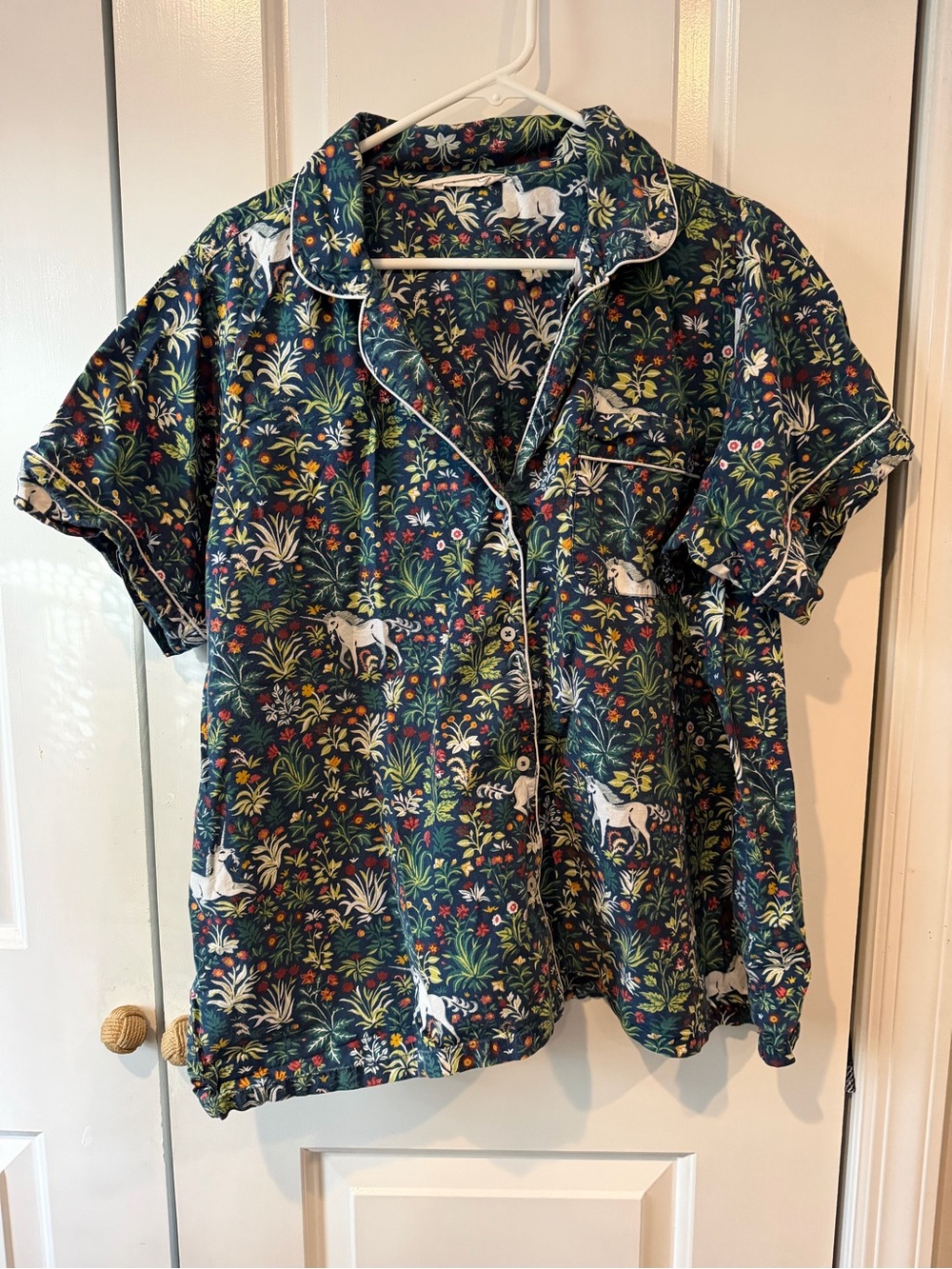 Women's Floral Unicorn Print Short-Sleeve Button Shirt - Navy